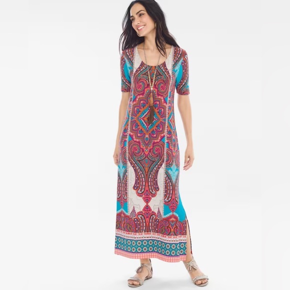 Chico’s Short Sleeve Bohemian Medallion Print Pull Over Dress Size 1/Medium - Picture 1 of 14